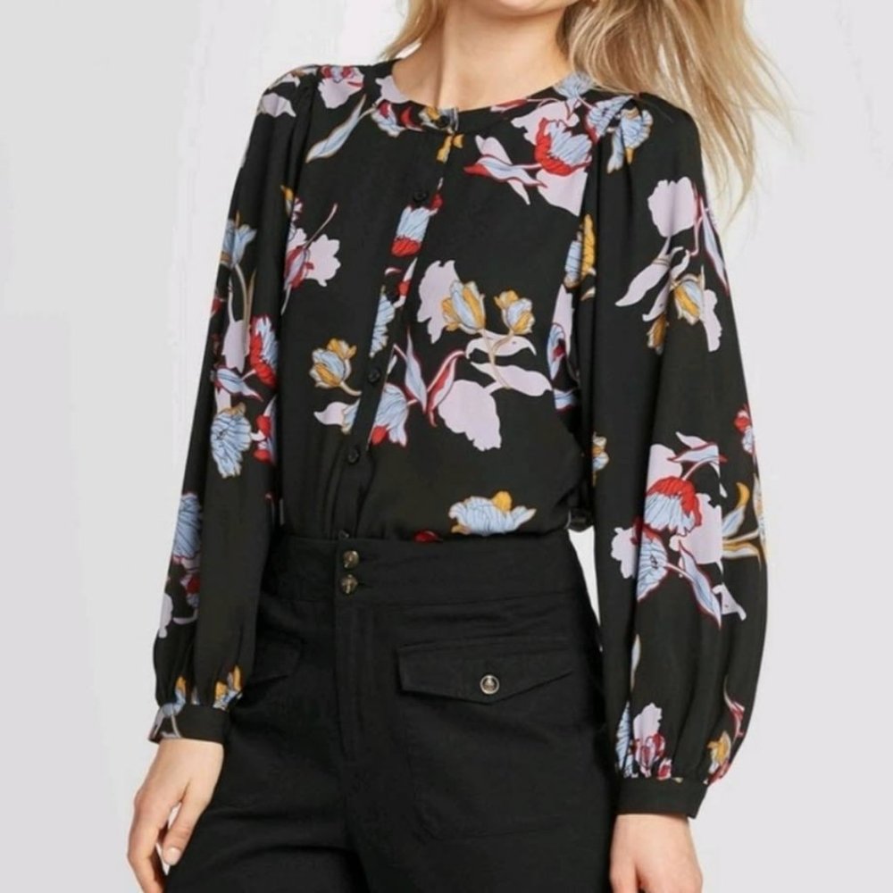 Who What Wear Black Dark Floral Blouse Button Front Long Sleeve Large